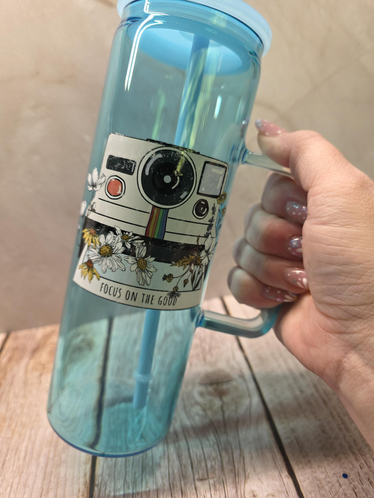 Floral Camera | Blue Jelly Glass 20oz Skinny Tumbler W/Handle