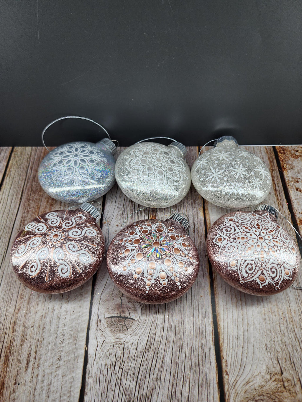 Rose Golds & Silvers - Hand Painted Mandala Glitter Ornament | Shatter Proof & Pet Friendly
