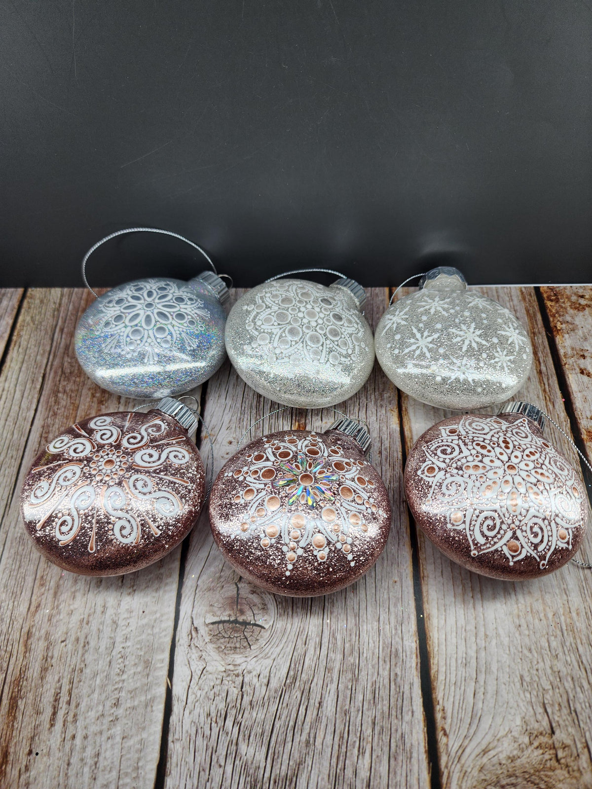 Rose Golds & Silvers - Hand Painted Mandala Glitter Ornament | Shatter Proof & Pet Friendly