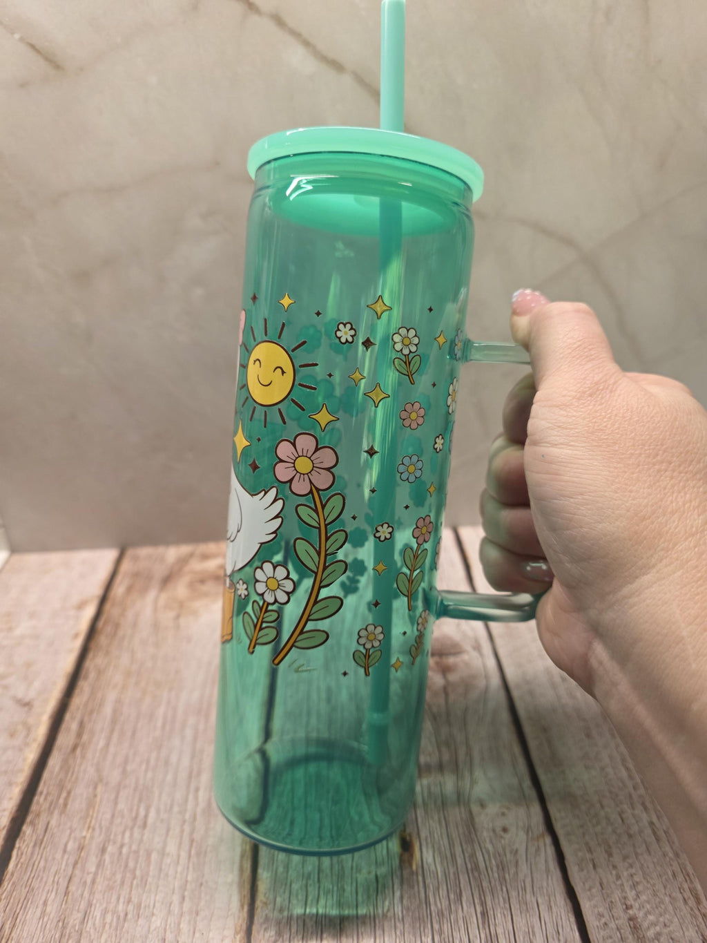 Cute Goose w/Books | Green Jelly Glass 20oz Skinny Tumbler W/Handle