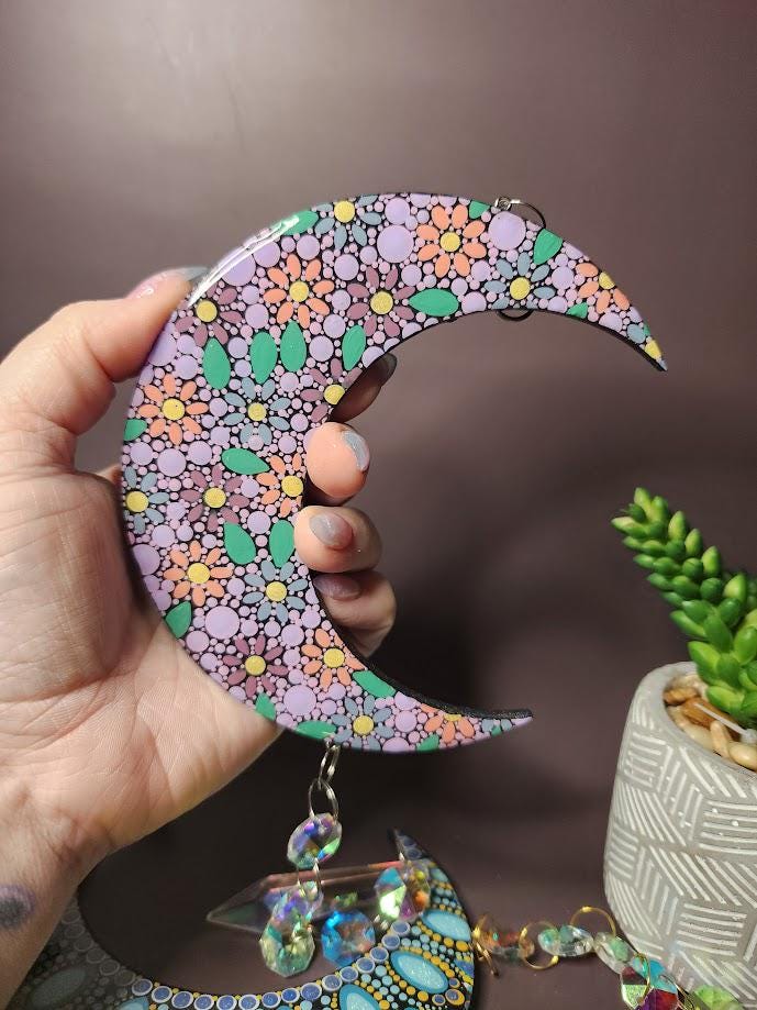 Hand Painted Mandala Crescent Moon Suncatchers