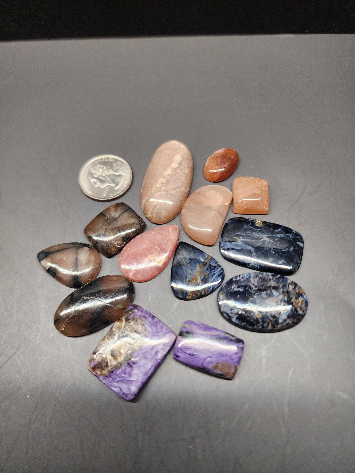 Bulk Lot - Mixed Materials | Natural Cabochons - Moonstone, Sunstone, Chiastolite, Pietersite, Charoite