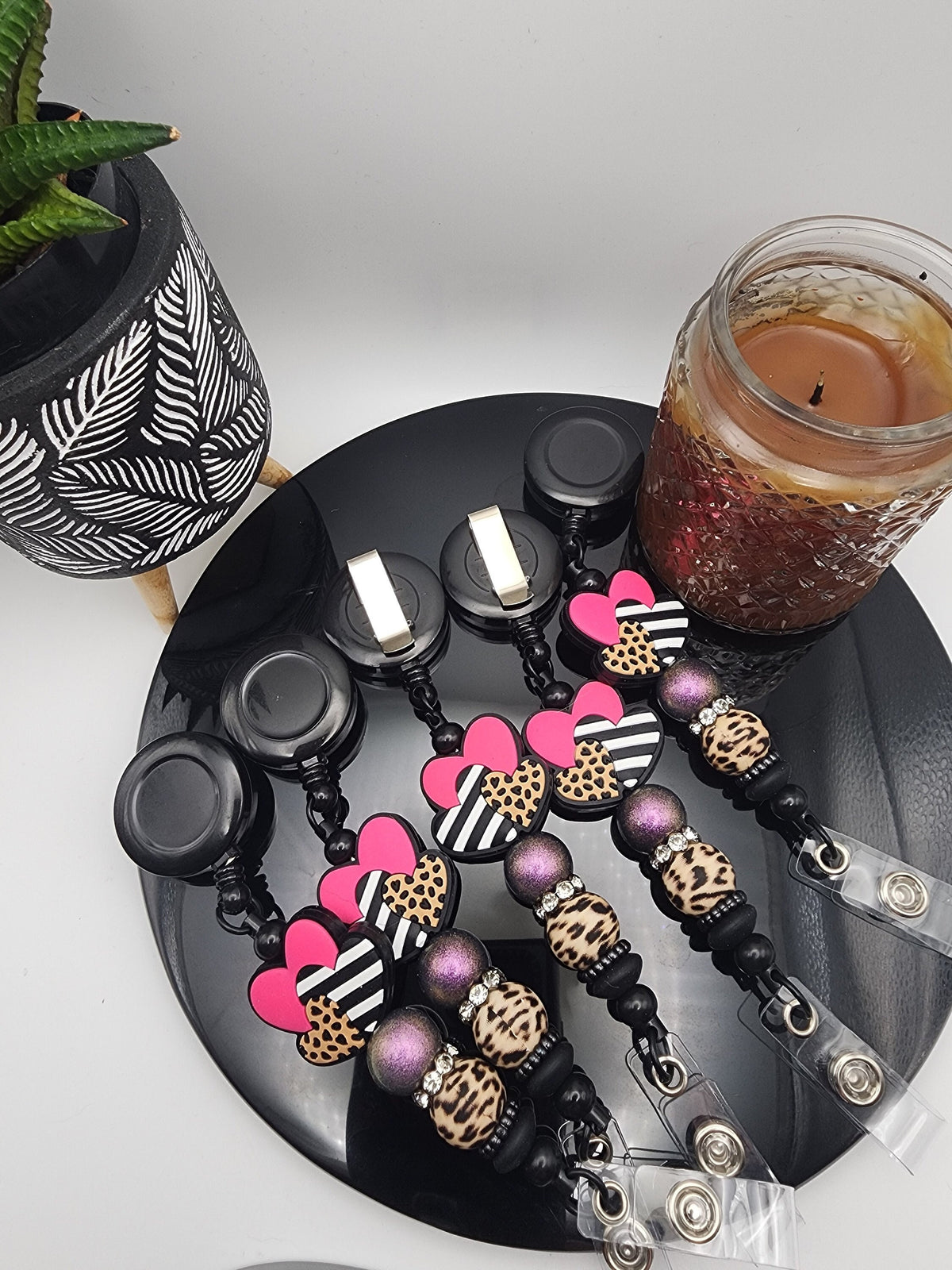 Leopard Print and Hot Pink Hearts Retractable Badge Reel