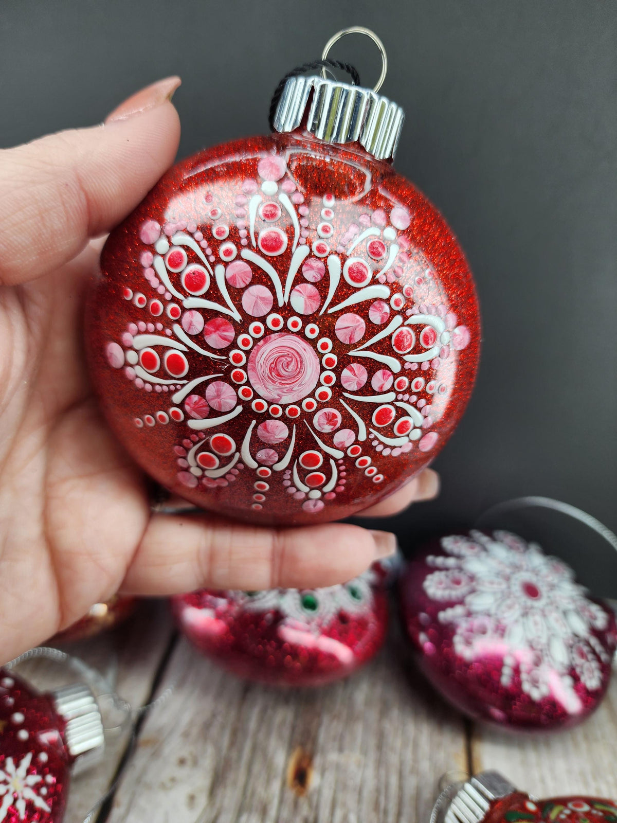 Reds - Hand Painted Mandala Glitter Ornament | Shatter Proof & Pet Friendly