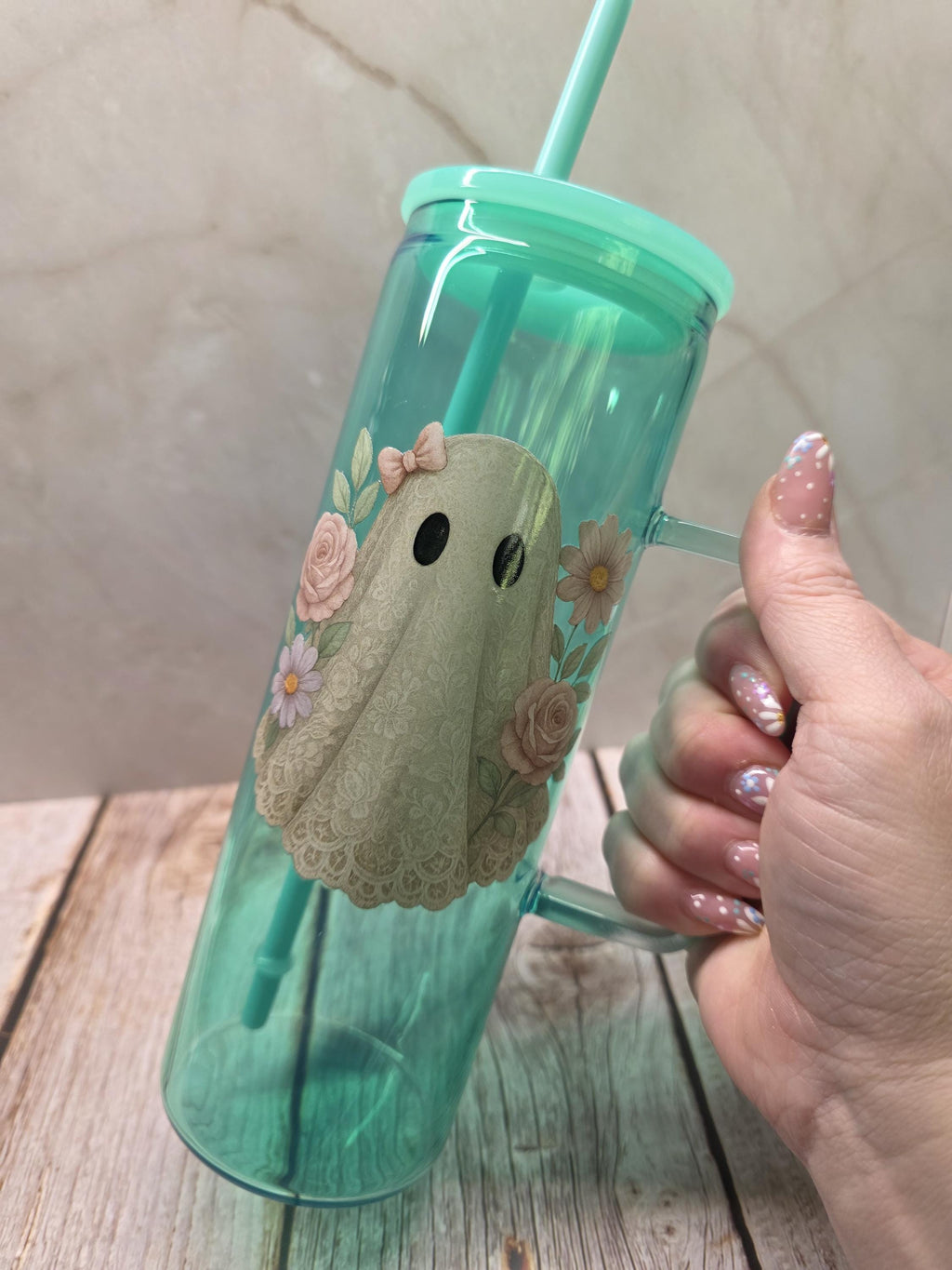 Cute Ghost | Green Jelly Glass 20oz Skinny Tumbler W/Handle