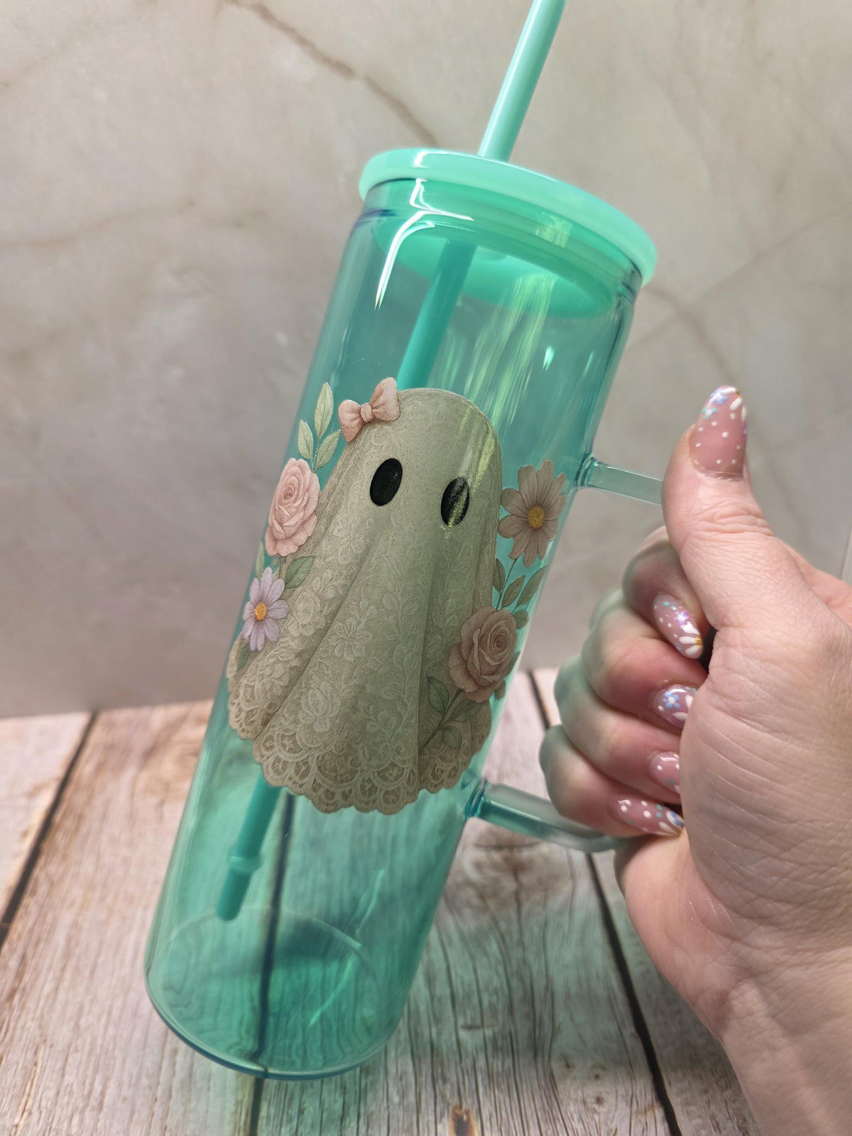 Cute Ghost | Green Jelly Glass 20oz Skinny Tumbler W/Handle