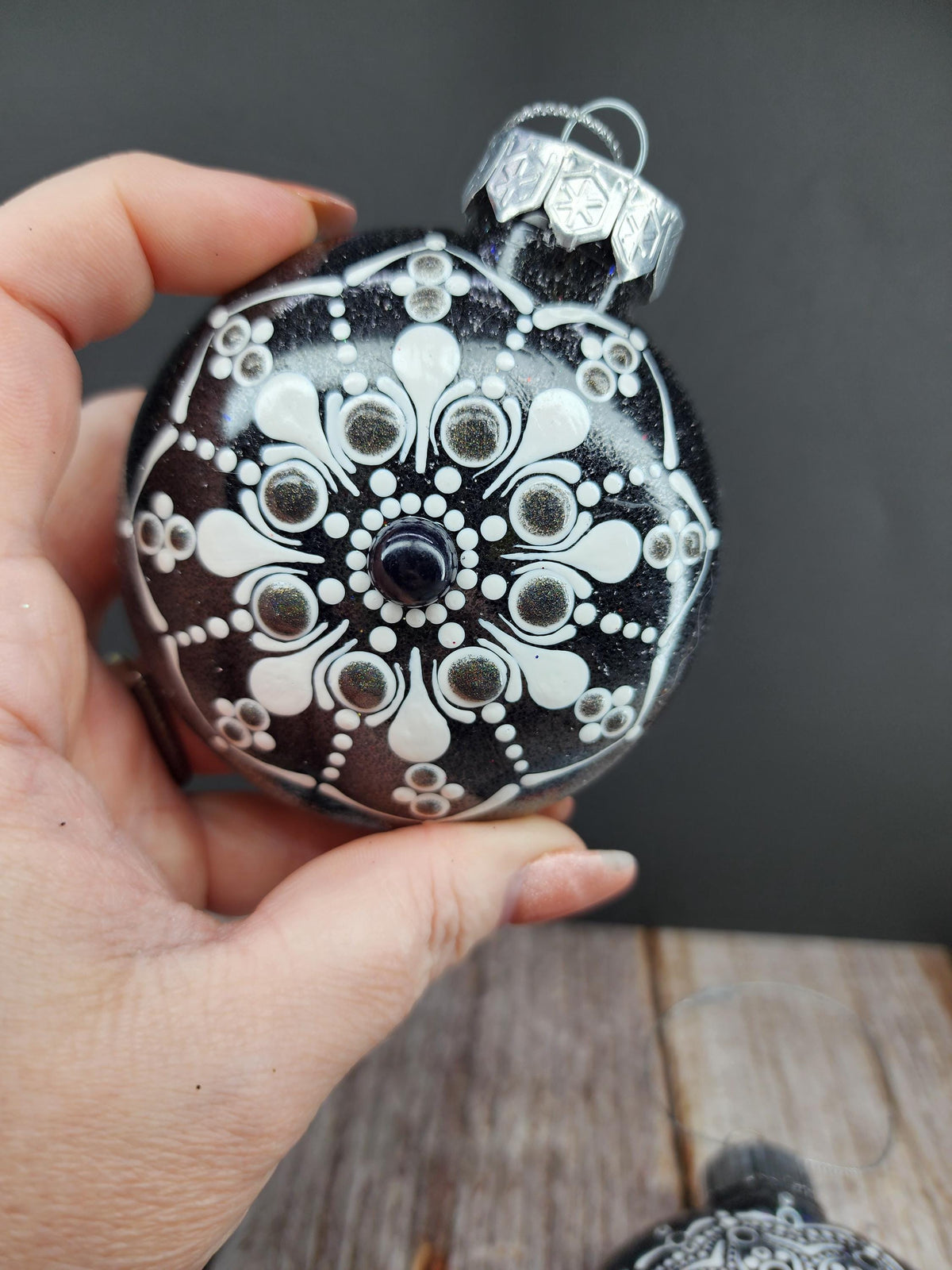 Blacks & Charcoals - Hand Painted Mandala Glitter Ornament | Shatter Proof & Pet Friendly