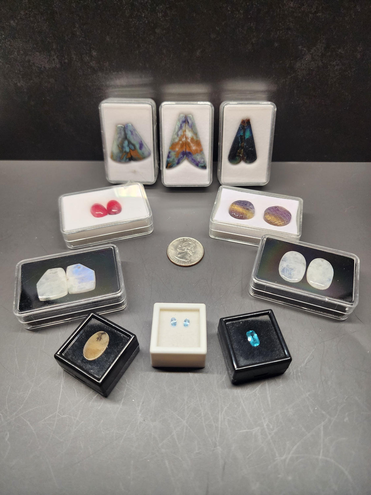 Bulk Lot - Mixed Material Pairs & Singles | Natural Fluorite, Rhodochrosite, Moonstone, Topaz, Apatite, Dendritic Agate, Blue Opal Petrified Wood