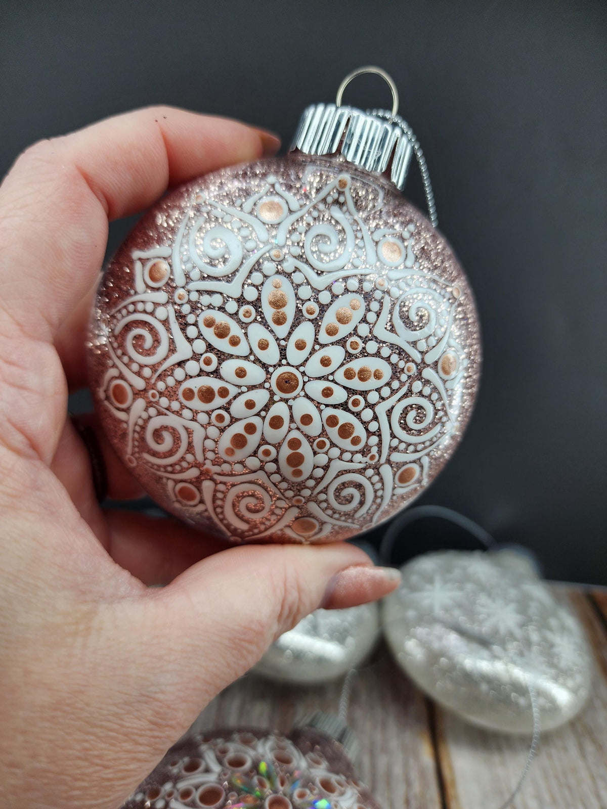 Rose Golds & Silvers - Hand Painted Mandala Glitter Ornament | Shatter Proof & Pet Friendly