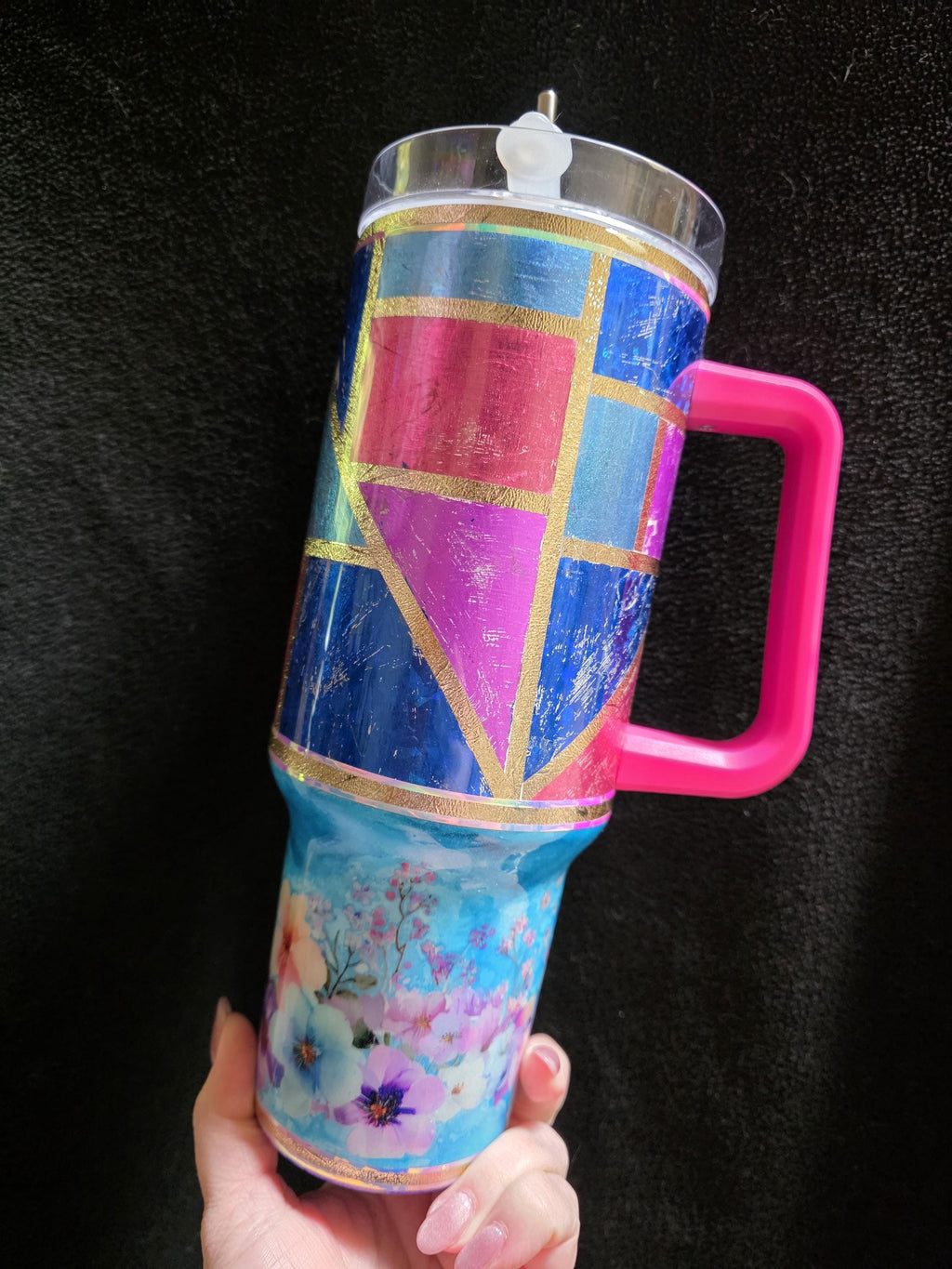 Floral Distressed Patchwork | 40oz Stainless Steel Epoxy Tumbler with Handle
