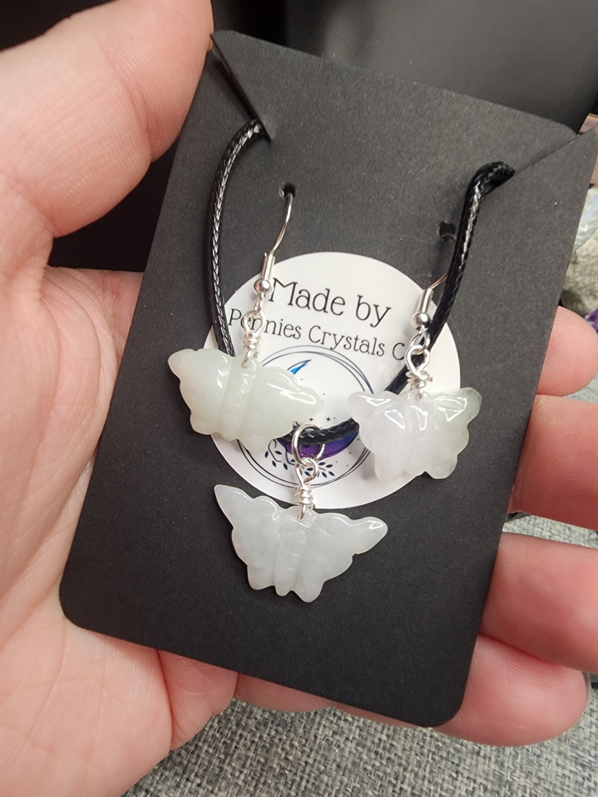 Green Burma Jade Butterfly Earrings & Necklace Set