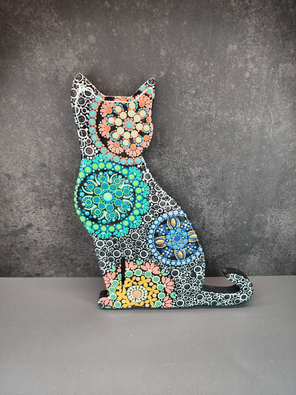 Hand Painted Wood Sitting Cat | Mandala Art