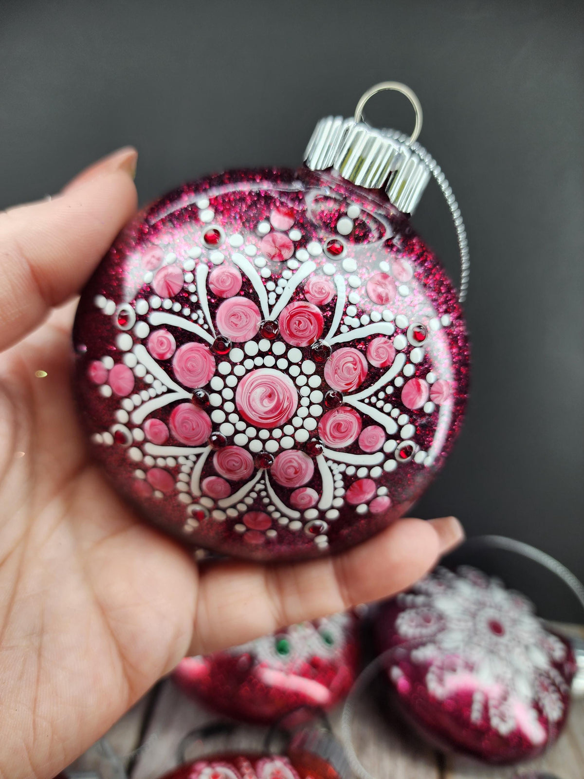 Reds - Hand Painted Mandala Glitter Ornament | Shatter Proof & Pet Friendly