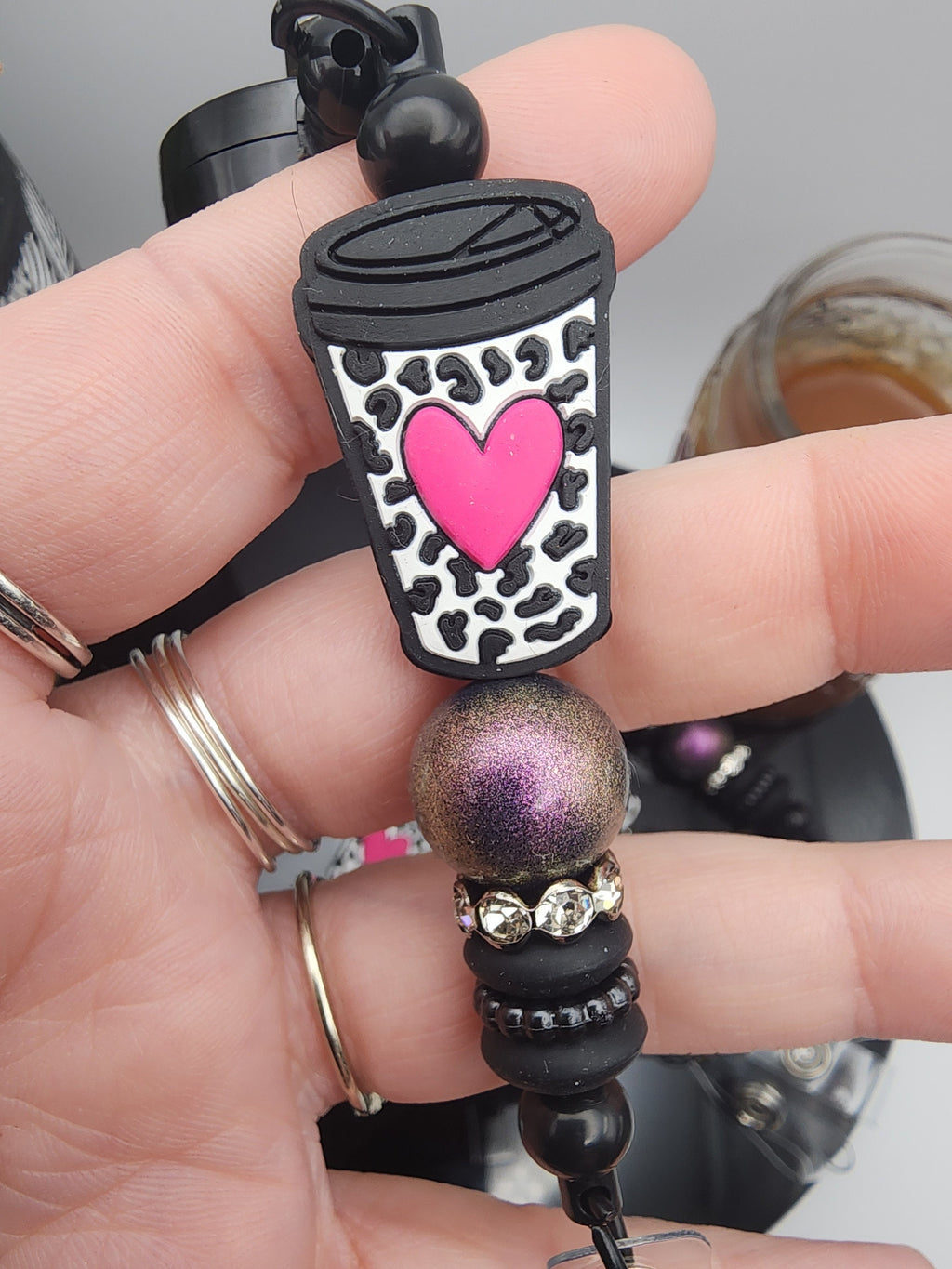 Hot Pink Heart Cheetah Print & Coffee Cup Retractable Badge Reel