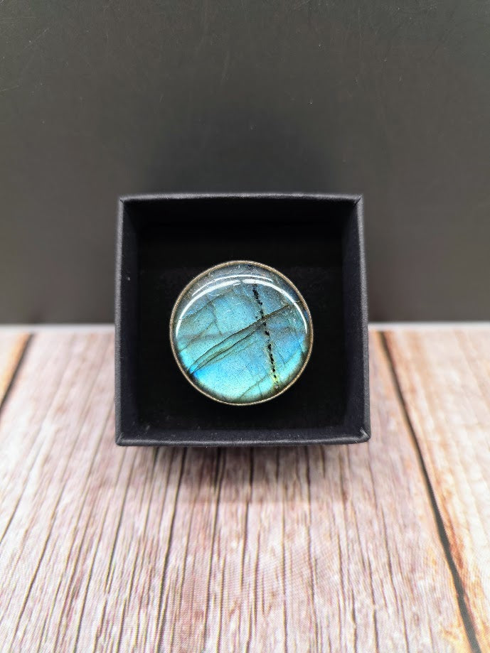 High Flash Blue Round Labradorite Ring - Solid 925 Sterling Silver Ring - Size 10