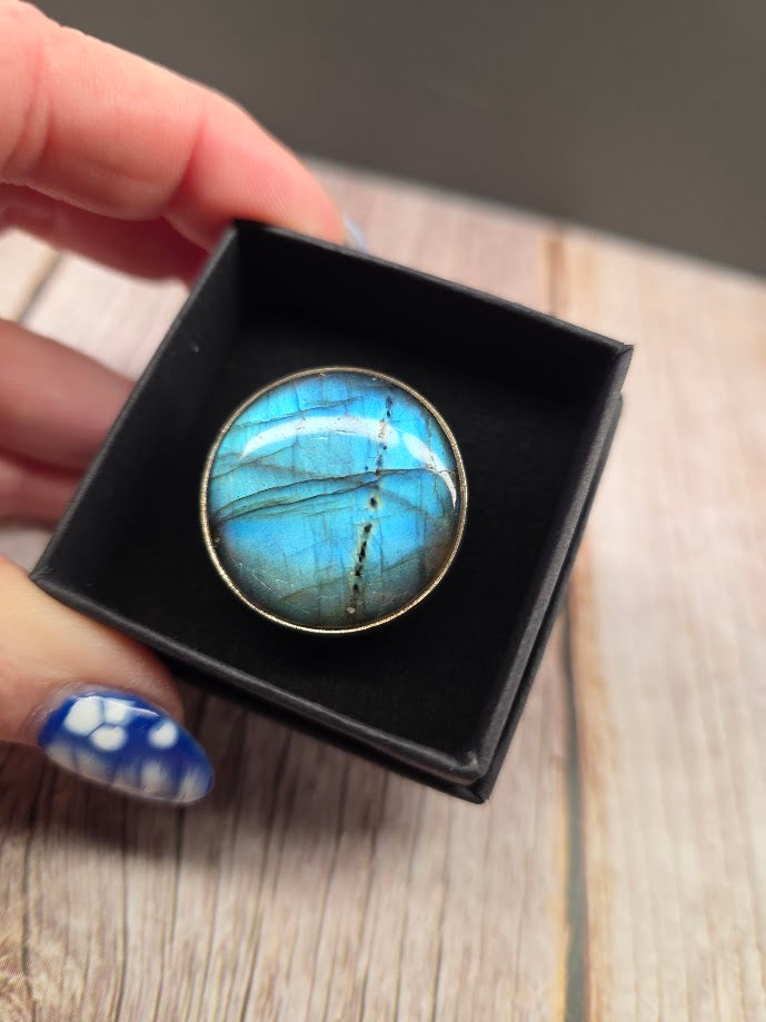 High Flash Blue Round Labradorite Ring - Solid 925 Sterling Silver Ring - Size 10