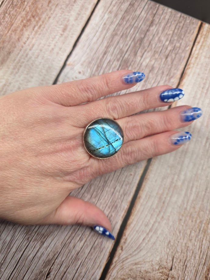 High Flash Blue Round Labradorite Ring - Solid 925 Sterling Silver Ring - Size 10