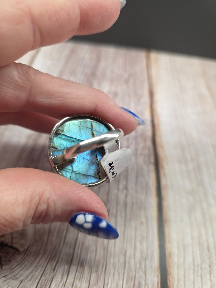 High Flash Blue Round Labradorite Ring - Solid 925 Sterling Silver Ring - Size 10