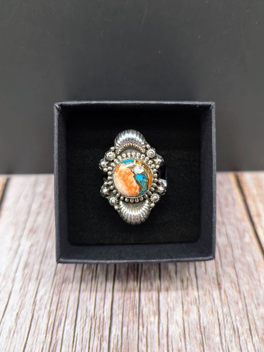 Spiny Oyster Turquoise Ring - Solid 925 Sterling Silver Ring - Size 8