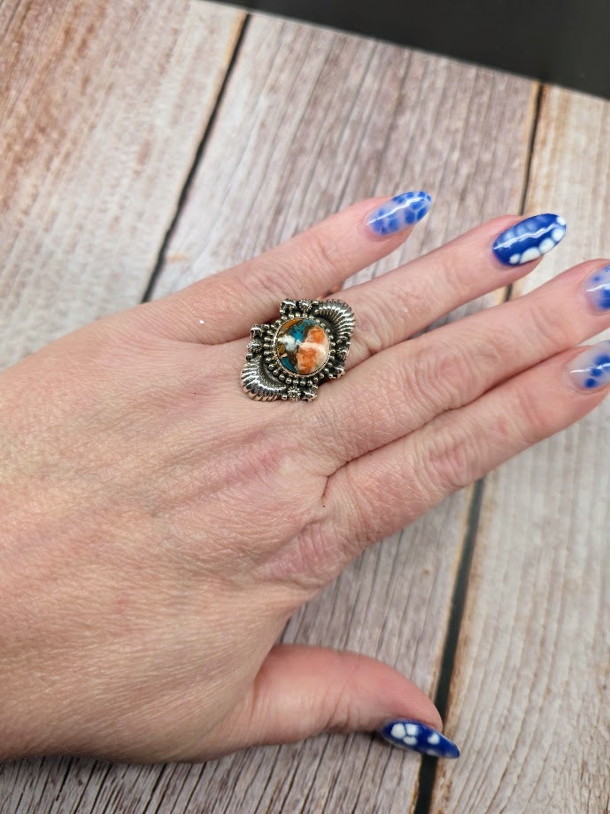 Spiny Oyster Turquoise Ring - Solid 925 Sterling Silver Ring - Size 8