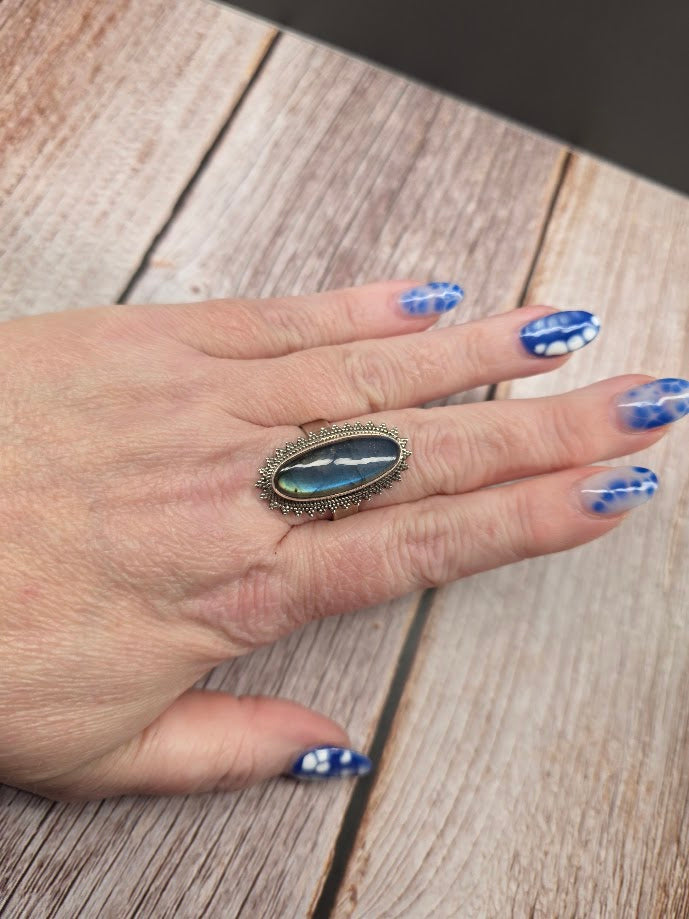 High Flash Blue Oval Labradorite Ring - Solid 925 Sterling Silver Ring - Size 12