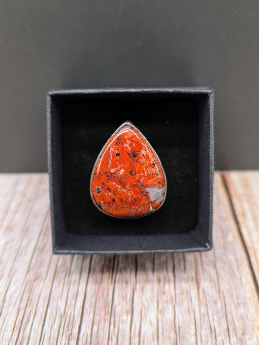 Teardrop Red Jasper Ring - Solid 925 Sterling Silver Ring - Size 10