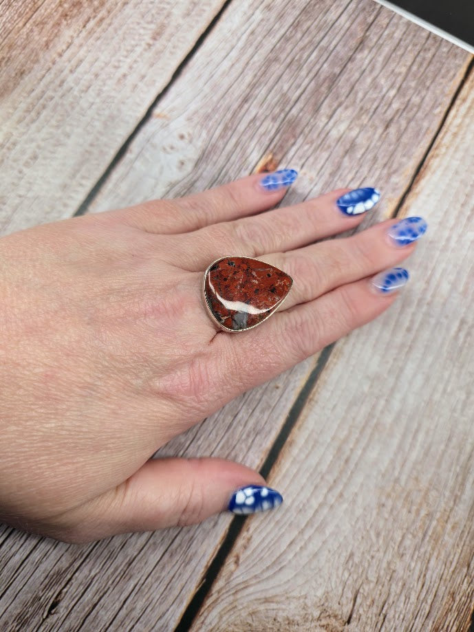 Teardrop Red Jasper Ring - Solid 925 Sterling Silver Ring - Size 10