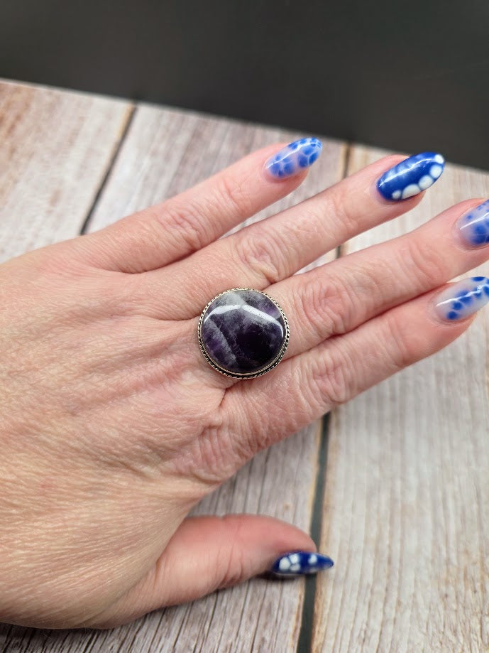 Round Dream Amethyst Ring - Solid 925 Sterling Silver Ring - Size 12