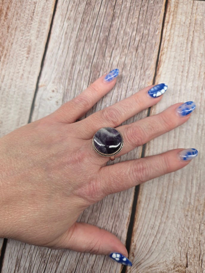 Round Dream Amethyst Ring - Solid 925 Sterling Silver Ring - Size 12