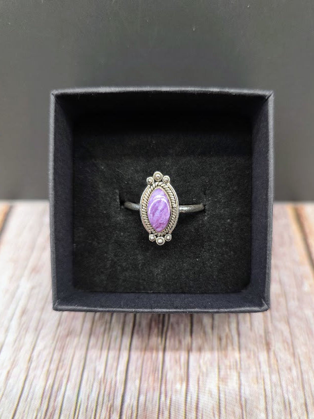 Marquise Charoite Ring - Solid 925 Sterling Silver Ring - Size 9.5