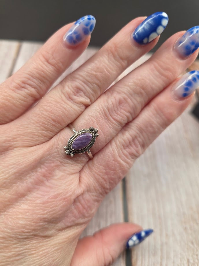 Marquise Charoite Ring - Solid 925 Sterling Silver Ring - Size 9.5