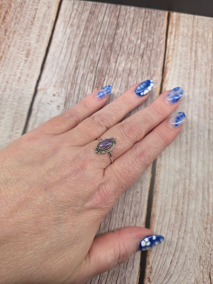 Marquise Charoite Ring - Solid 925 Sterling Silver Ring - Size 9.5