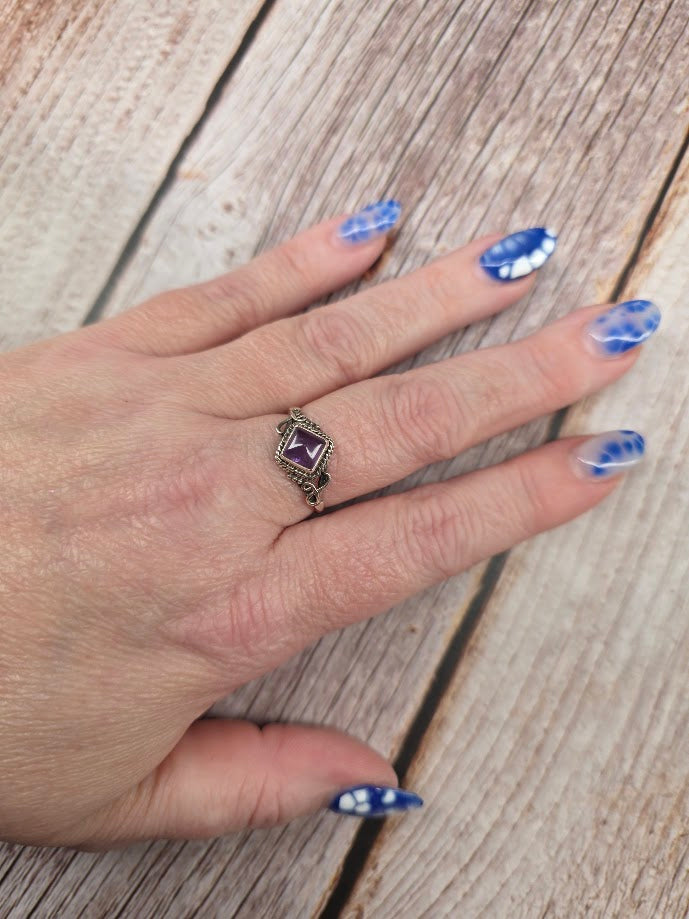 Square Amethyst Ring - Solid 925 Sterling Silver Ring - Size 9