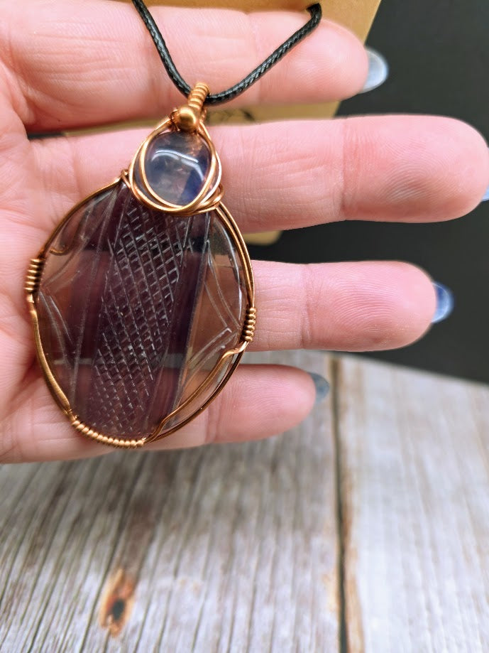 Hand Carved Fluorite Wire Wrapped Pendant