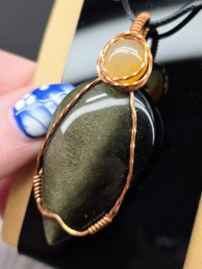 Gold Sheen Obsidian & Agate Wire Wrapped Pendant