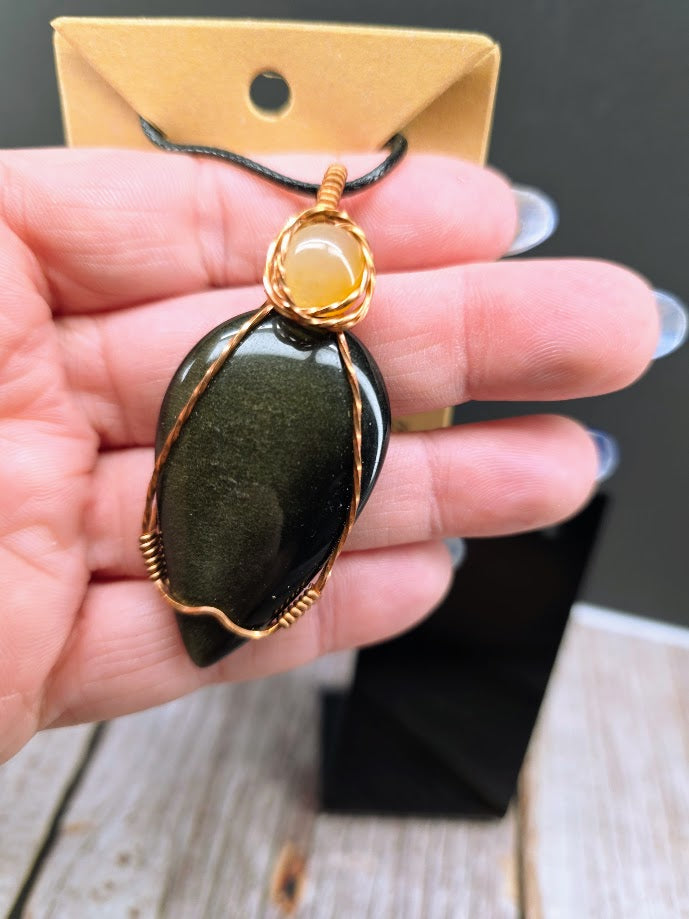 Gold Sheen Obsidian & Agate Wire Wrapped Pendant