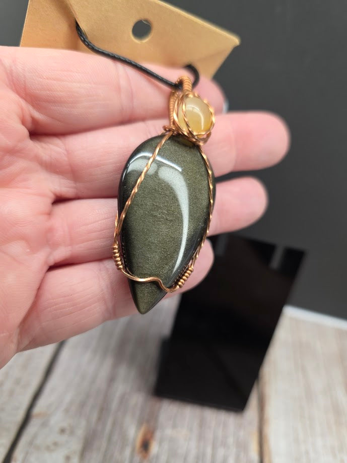 Gold Sheen Obsidian & Agate Wire Wrapped Pendant