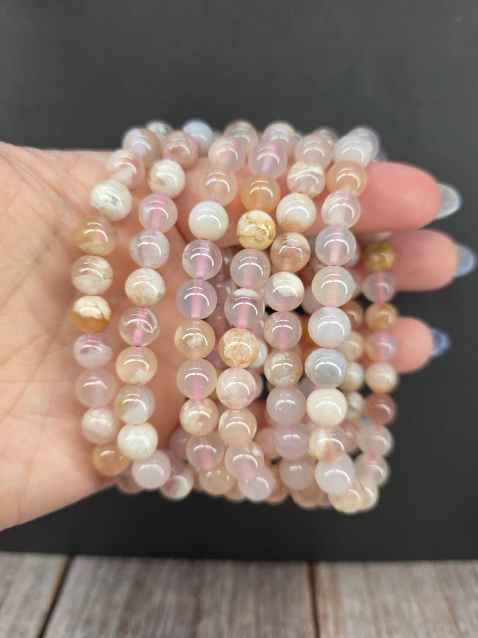 Natural Flower Agate 8mm Stretch Bracelet