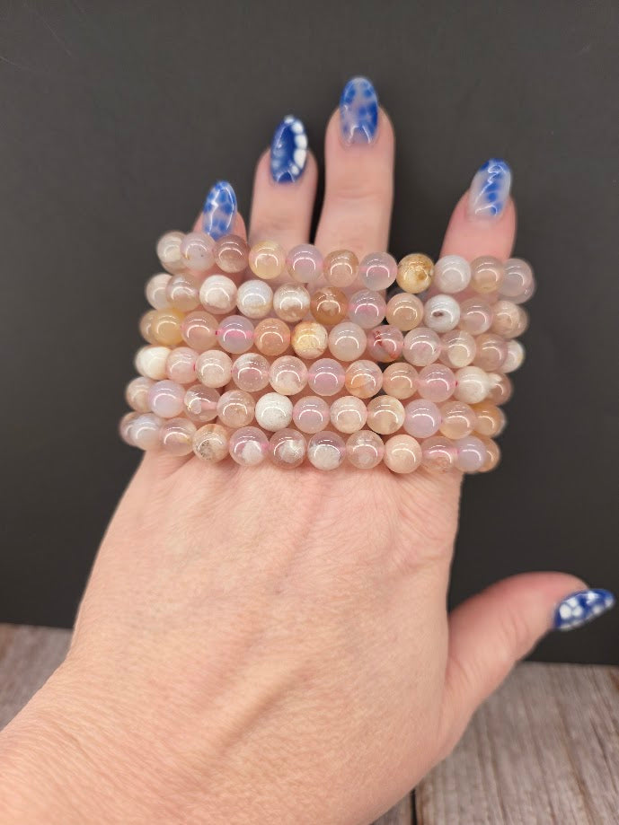 Natural Flower Agate 8mm Stretch Bracelet