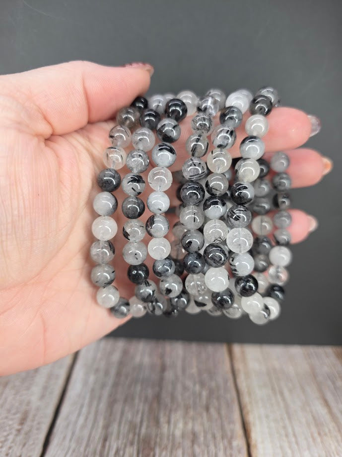 Natural Black Tourmaline in Quartz 8mm Stretch Bracelet