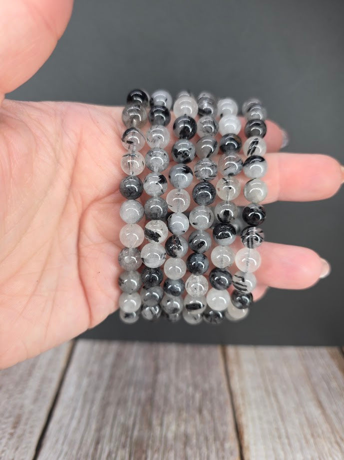 Natural Black Tourmaline in Quartz 8mm Stretch Bracelet