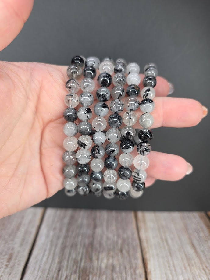 Natural Black Tourmaline in Quartz 8mm Stretch Bracelet
