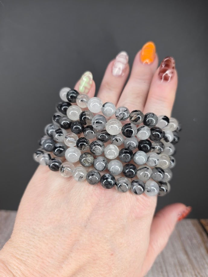 Natural Black Tourmaline in Quartz 8mm Stretch Bracelet