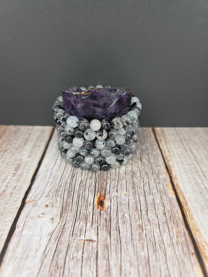 Natural Black Tourmaline in Quartz 8mm Stretch Bracelet