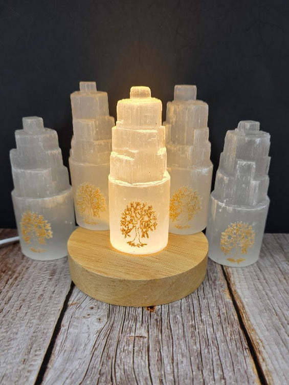 Small Satin Spar Lamp with Etched Gold Tree of Liife - Light Base Included