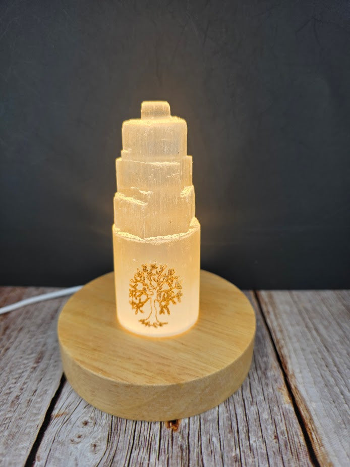 Small Satin Spar Lamp with Etched Gold Tree of Liife - Light Base Included