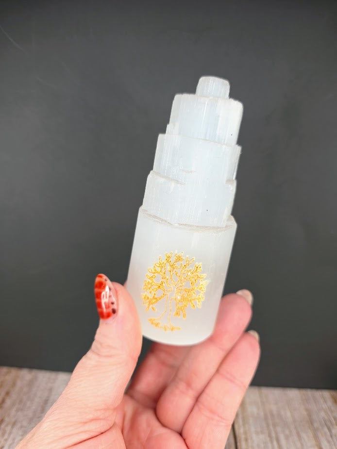 Small Satin Spar Lamp with Etched Gold Tree of Liife - Light Base Included