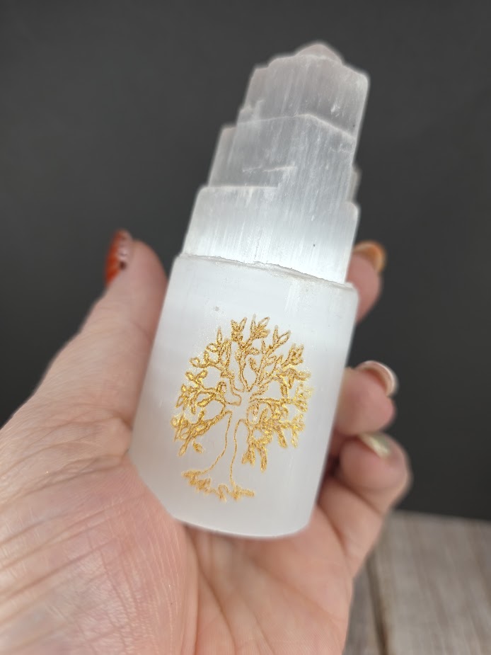 Small Satin Spar Lamp with Etched Gold Tree of Liife - Light Base Included
