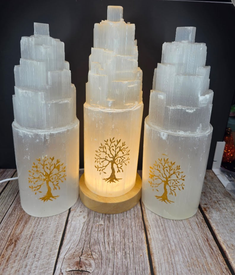 Large Satin Spar Lamp with Etched Gold Tree of Liife - Light Base Included