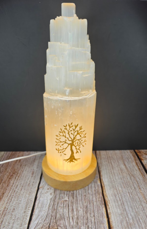 Large Satin Spar Lamp with Etched Gold Tree of Liife - Light Base Included